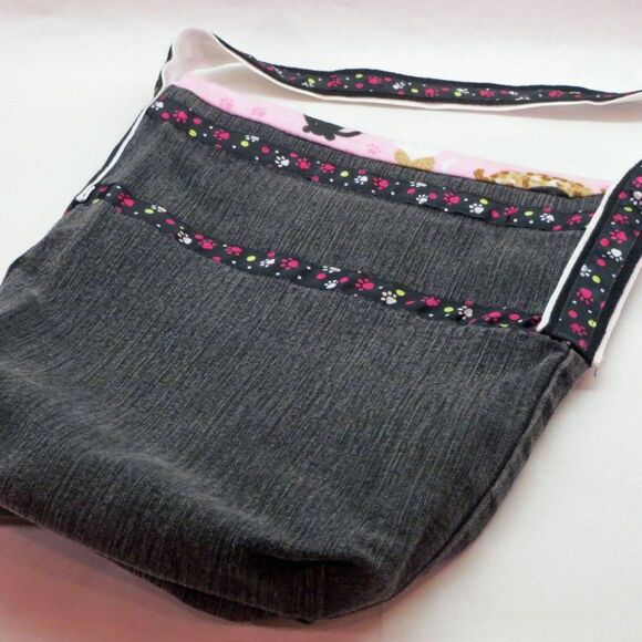 Cat Lover Black Denim Shoulder Bag Zip close UNIQUE - Picture 8 of 9